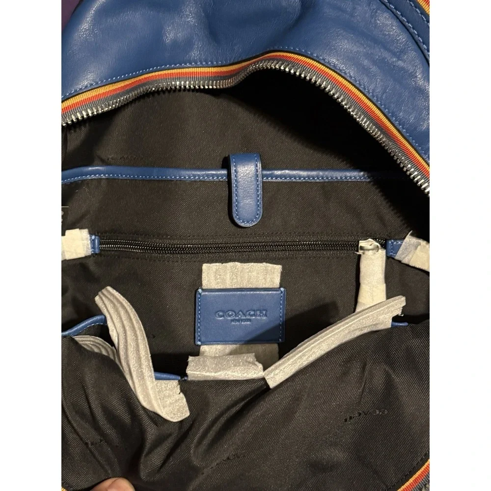Coach Academy Leather Backpack Blue Varsity Zipper Travel Laptop New Rare $595